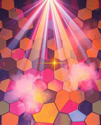 A bold acrylic painting showcases a stunning volumetric lighting effect on a seamless geometric pattern of hexagons and trian