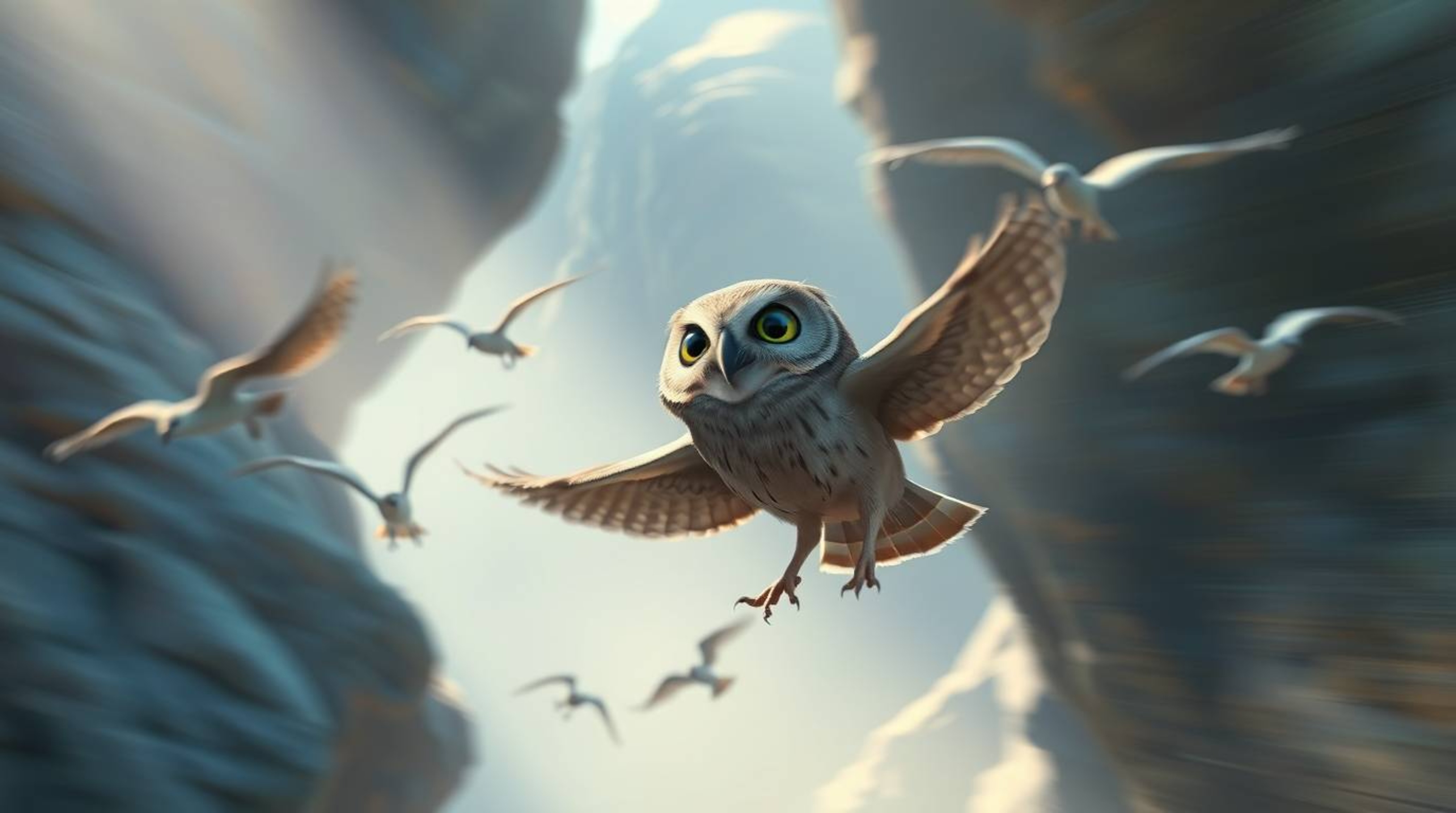 This captivating photograph portrays a wise-looking blind owl with soft brown feathers, rendered in a beautiful Pixar style a