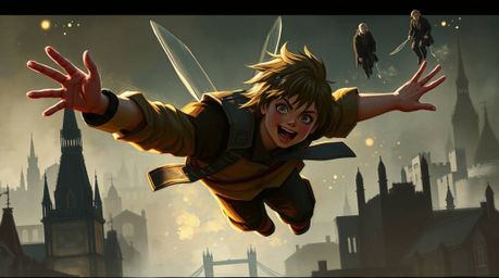 A dynamic digital sketch portrays a young boy with charming features, soaring above a misty London with the aid of pixie dust