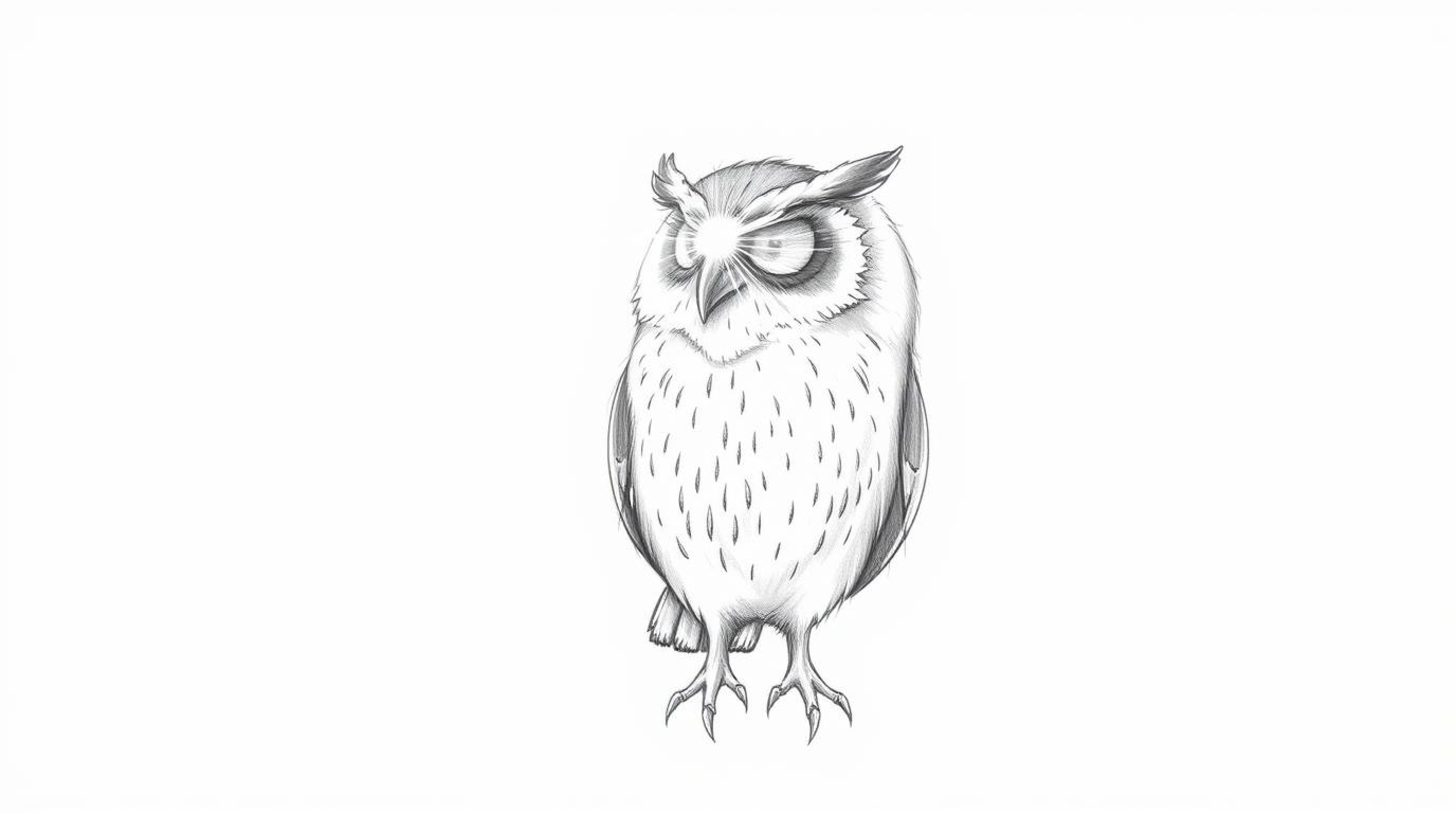 A charming hand-drawn pencil sketch on a white background depicts a blind owl in a Pixar aesthetic. This unique illustration