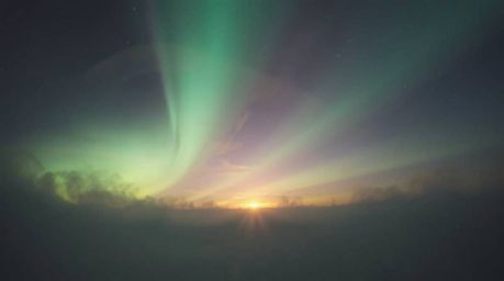 Experience a breathtaking cinematic view of the Northern Lights emerging over a hazy sunset. This futuristic sci-fi scene fea