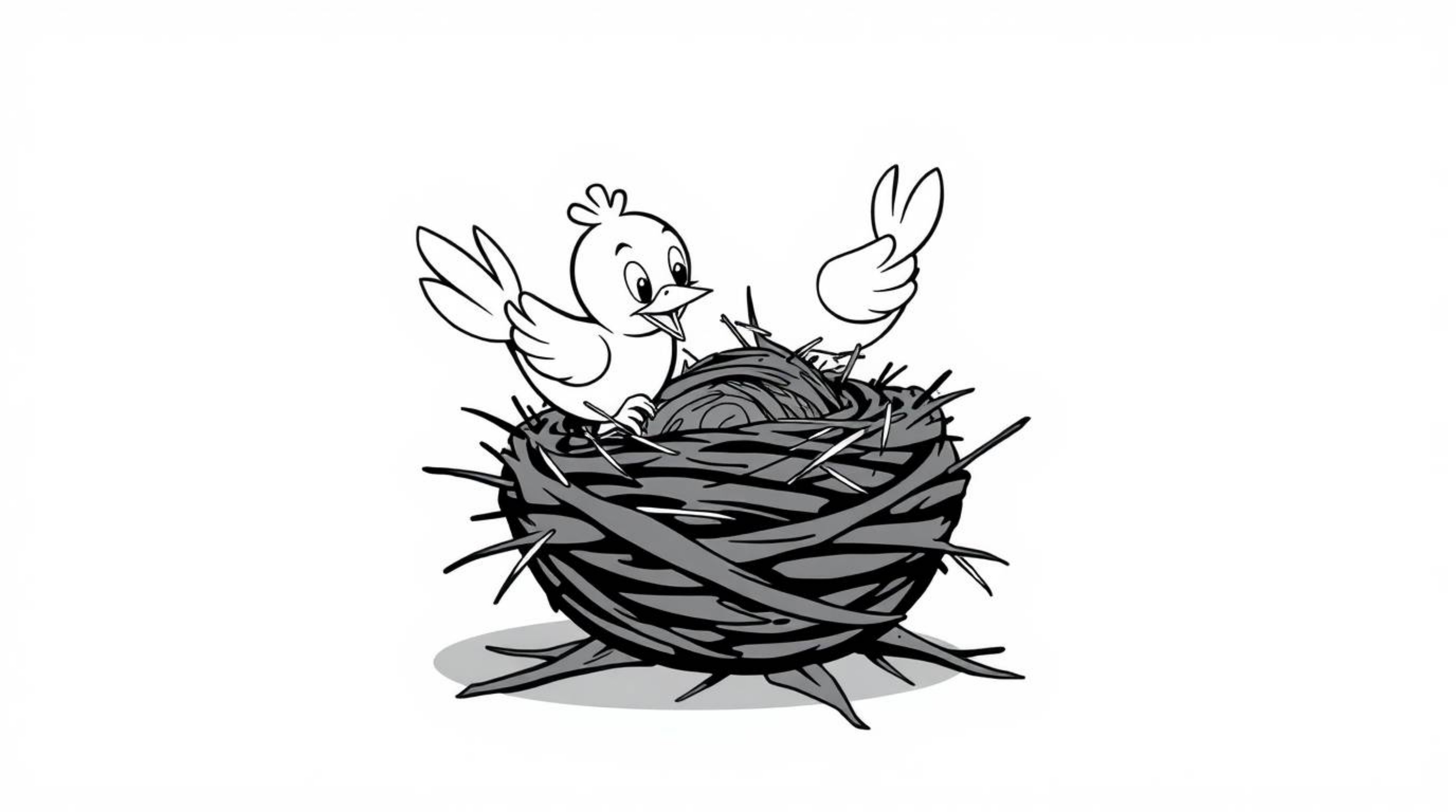 A charming black and white animation depicts two cartoon birds diligently constructing their nest. Rendered in a classic ani