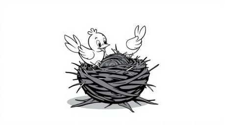 A charming black and white animation depicts two cartoon birds diligently constructing their nest. Rendered in a classic ani