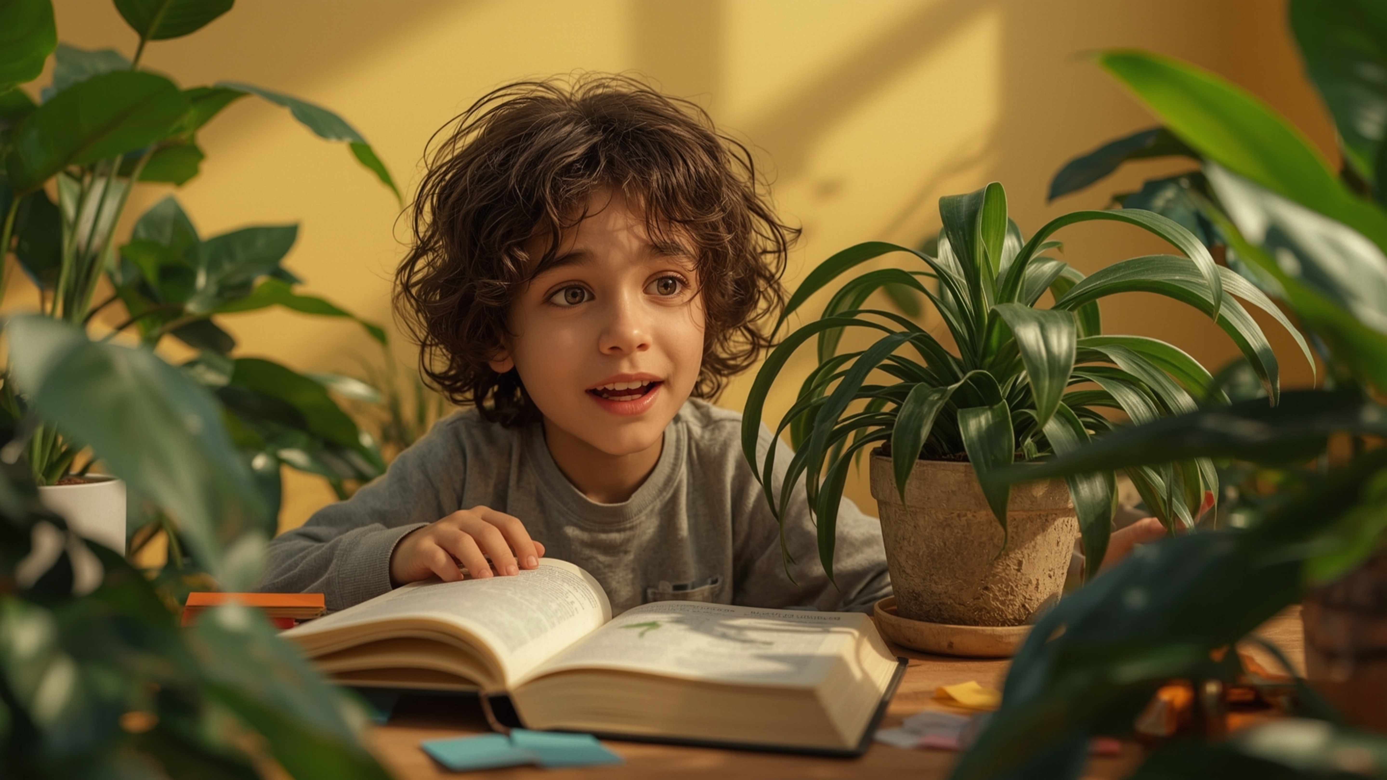 In a vibrant and whimsical photograph reminiscent of Pixar's signature style, a homeschooled genius with curly brown hair and