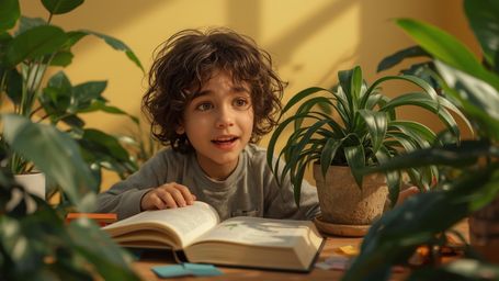 In a vibrant and whimsical photograph reminiscent of Pixar's signature style, a homeschooled genius with curly brown hair and