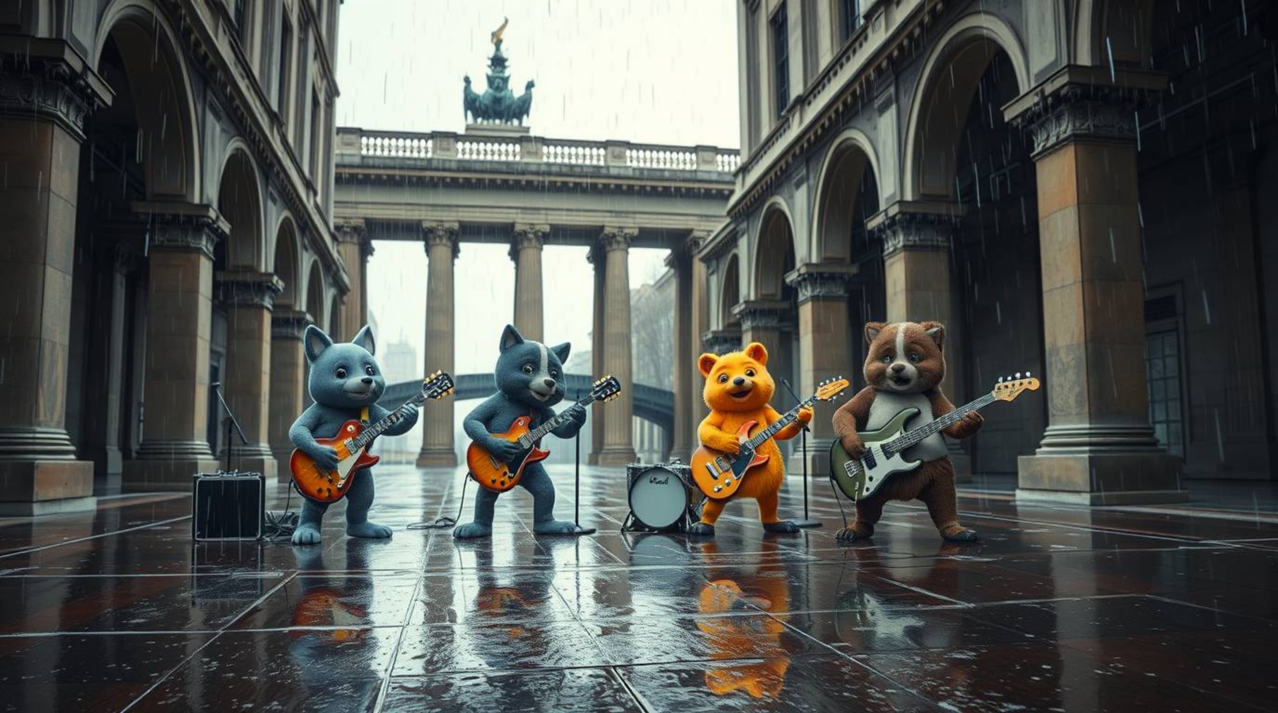 A vibrant, high-resolution architectural photograph showcases a cartoon animal rock band performing in a captivating rainy sc