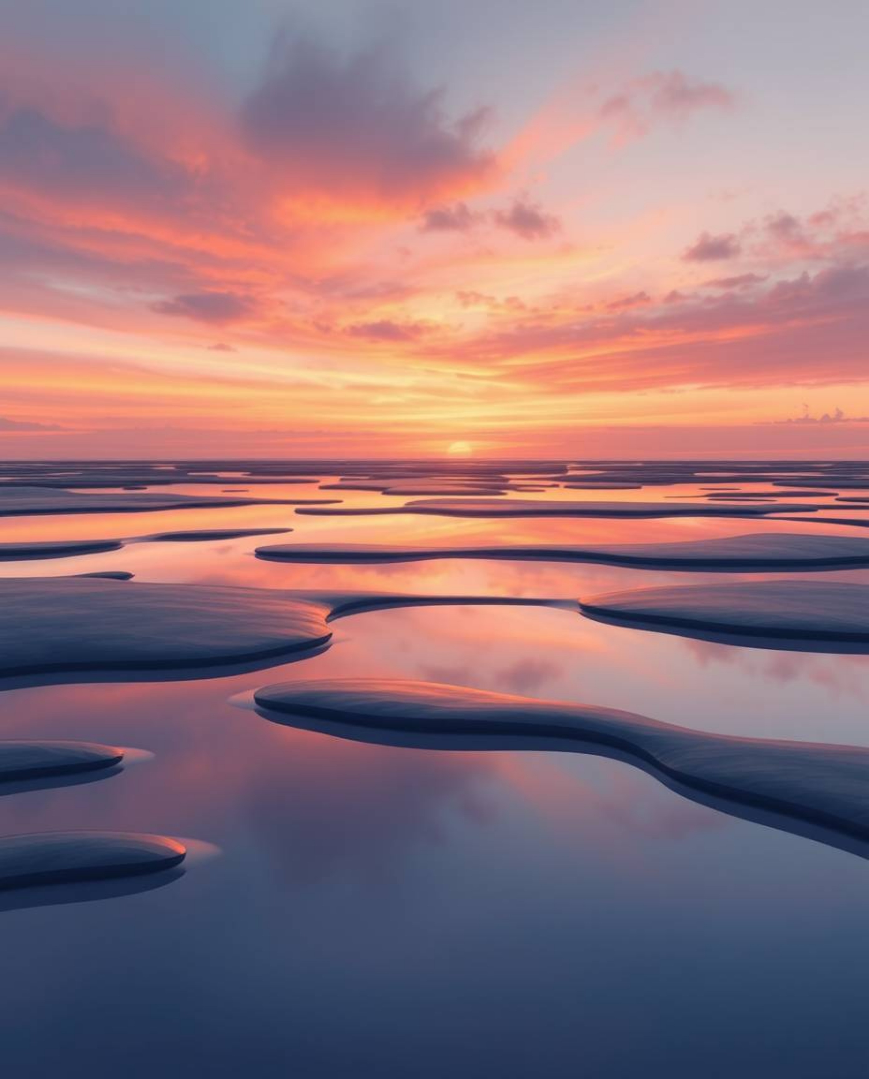 A smooth gradient transition depicts a serene sunset sky as it is mirrored in the tidal pools on a beach. This illustration i