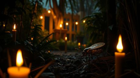 A captivating high-resolution stock photo depicts a bug-sized hero venturing through a dark, mysterious backyard jungle illum