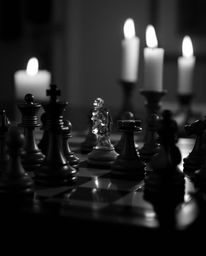 This striking image captures a chessboard in a moment of frozen destruction, the chess pieces suspended mid-air in a dramatic