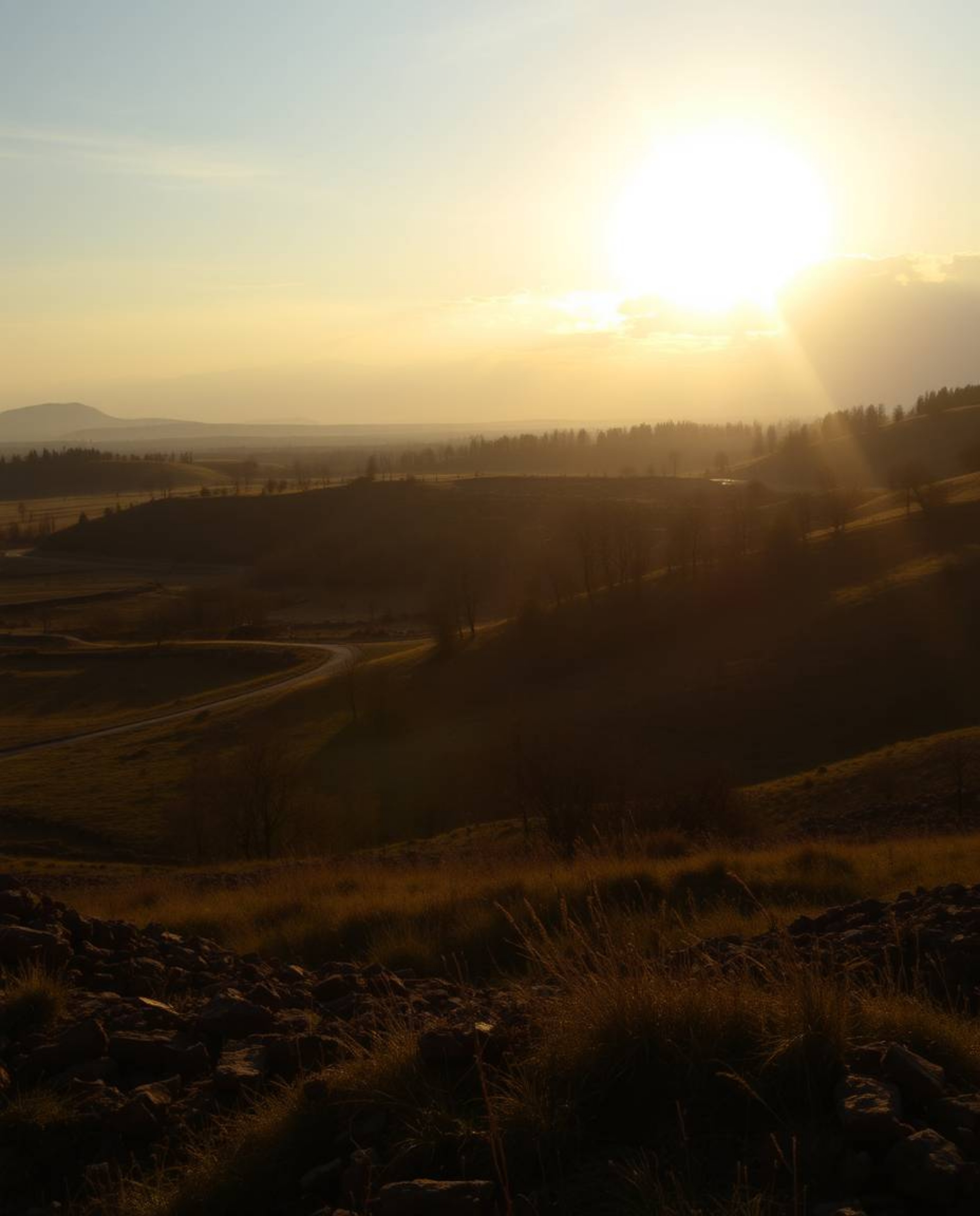 A captivating sunrise illuminates a war-torn landscape, casting strong, hard light that creates dramatic shadows and highligh