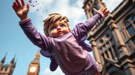 A dramatic, low-angle clay sculpture depicts a young boy soaring above London, propelled by pixie dust. Vivid purples and hig