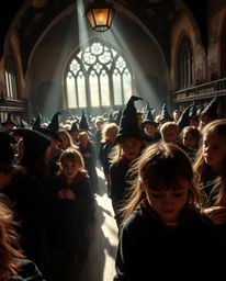 A professional fine art photograph capturing the enchanting atmosphere of a magical school brimming with young wizards. Utili