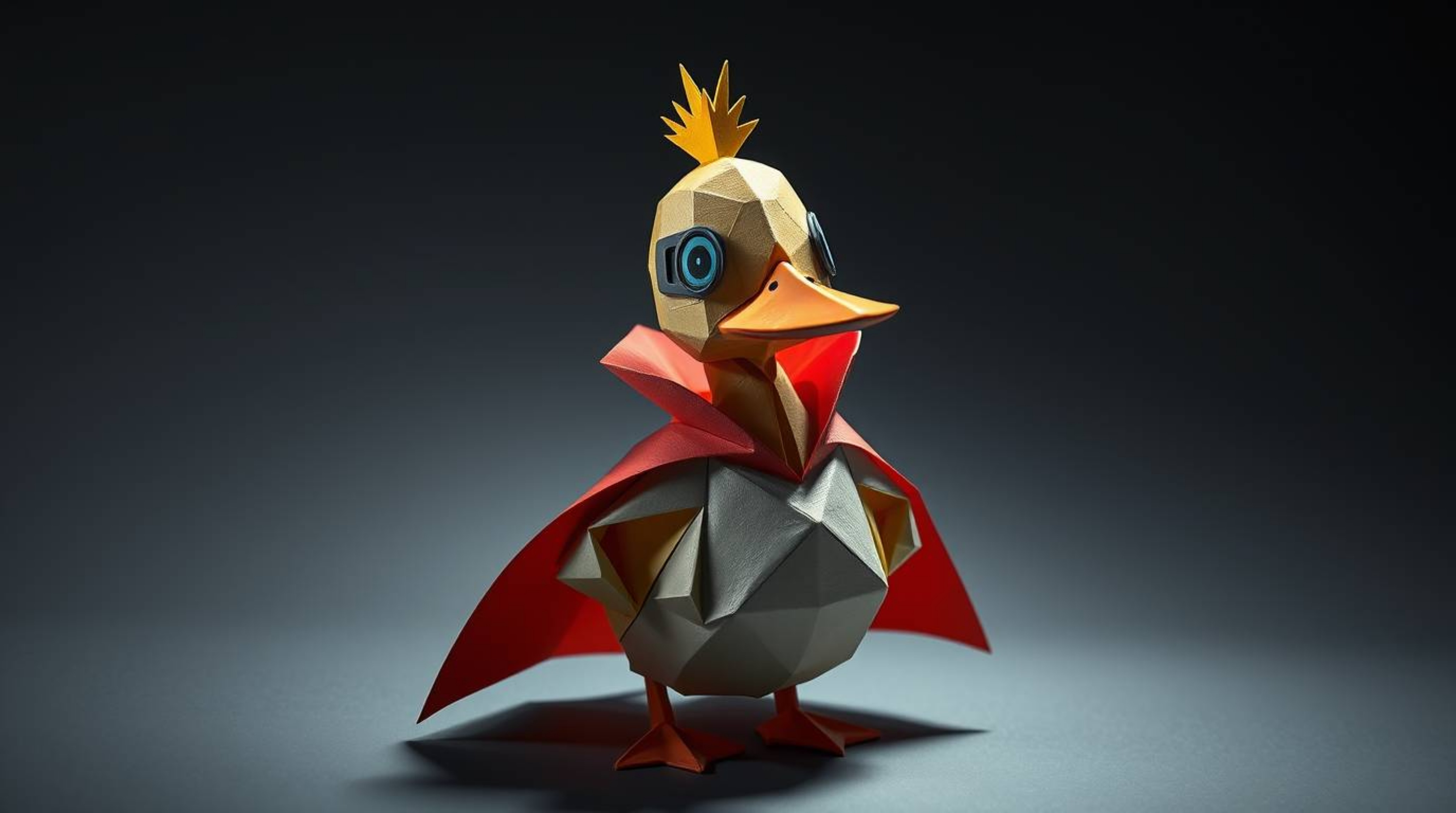 A captivating image featuring an intricate origami-style duck donned in a zany superhero costume. The scene boasts high contr