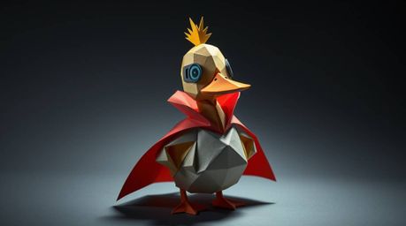 A captivating image featuring an intricate origami-style duck donned in a zany superhero costume. The scene boasts high contr