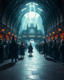 This high-resolution stock photo captures a grand and epic magical school teeming with young wizards. Dramatic chiaroscuro li