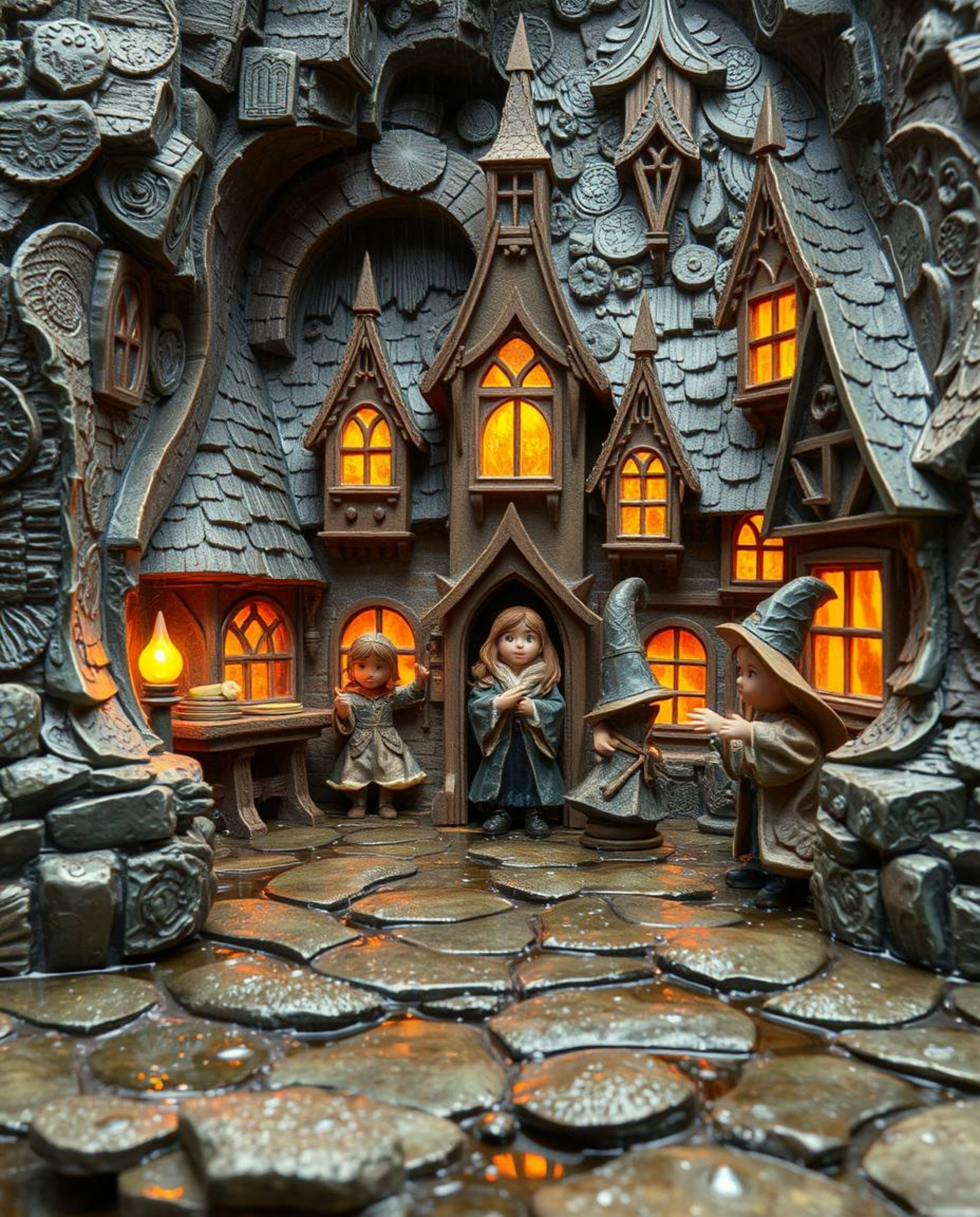 Explore a magical school brought to life with layered papier-mâché texture. This scene depicts young wizards within the scul