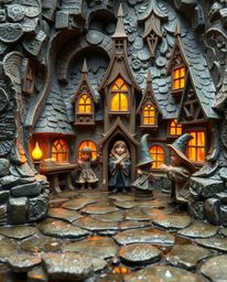 Explore a magical school brought to life with layered papier-mâché texture. This scene depicts young wizards within the scul