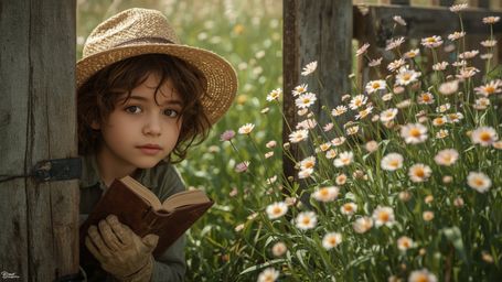 A highly detailed, high-resolution stock photo shows a gentle-looking young homeschooler with a straw hat and gardening glove