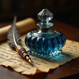A captivating scene featuring a beautifully crafted, ornate glass bottle filled with rich, deep-blue ink, glistening under so