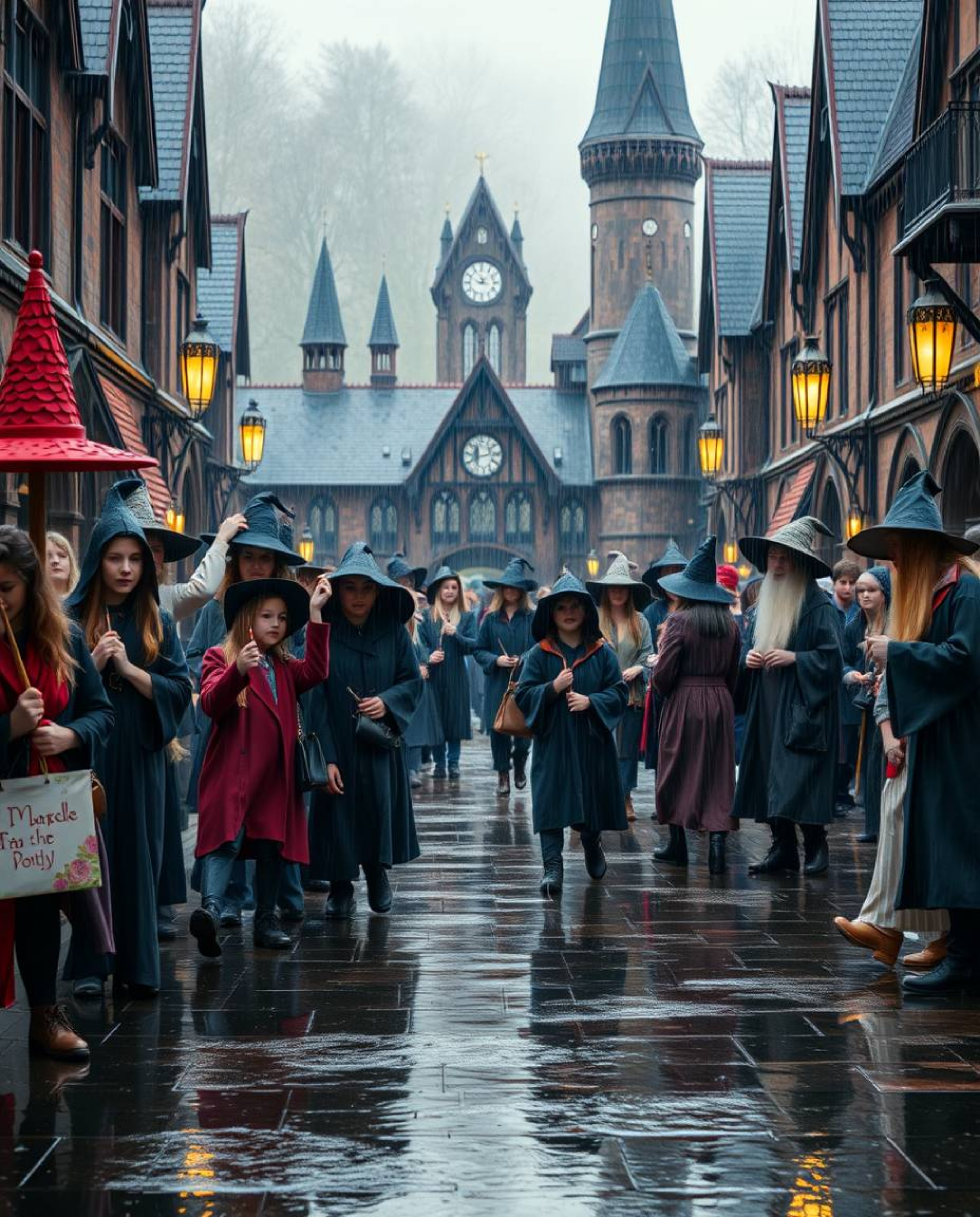 Experience the enchanting atmosphere of a magical school teeming with young wizards on a wet, rainy day. This high-resolution