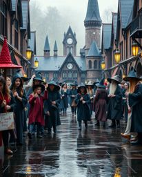 Experience the enchanting atmosphere of a magical school teeming with young wizards on a wet, rainy day. This high-resolution