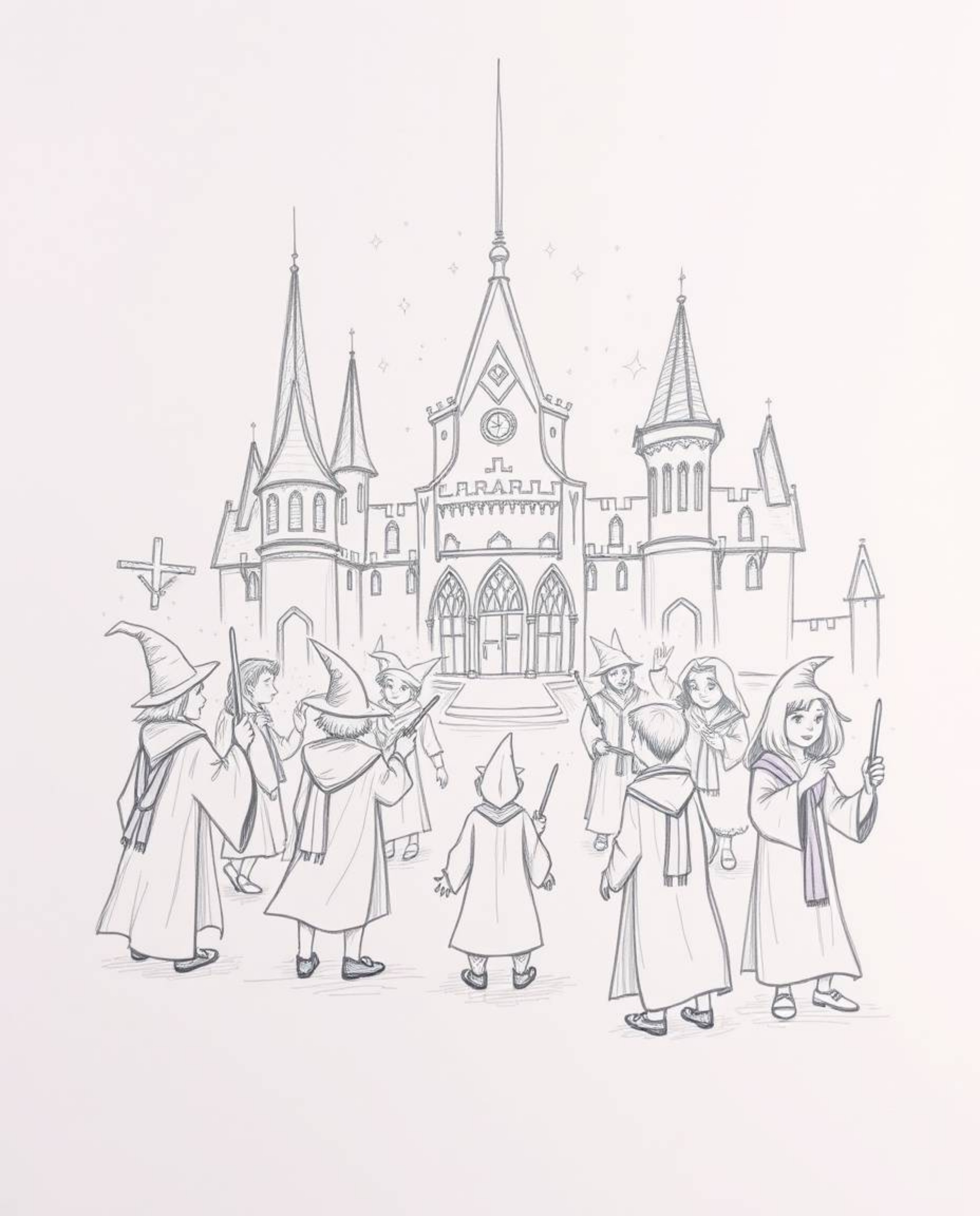 Explore a hand-drawn ethereal sketch depicting a magical school brimming with young wizards. This artwork emits a light aura 