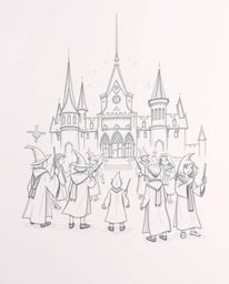Explore a hand-drawn ethereal sketch depicting a magical school brimming with young wizards. This artwork emits a light aura 