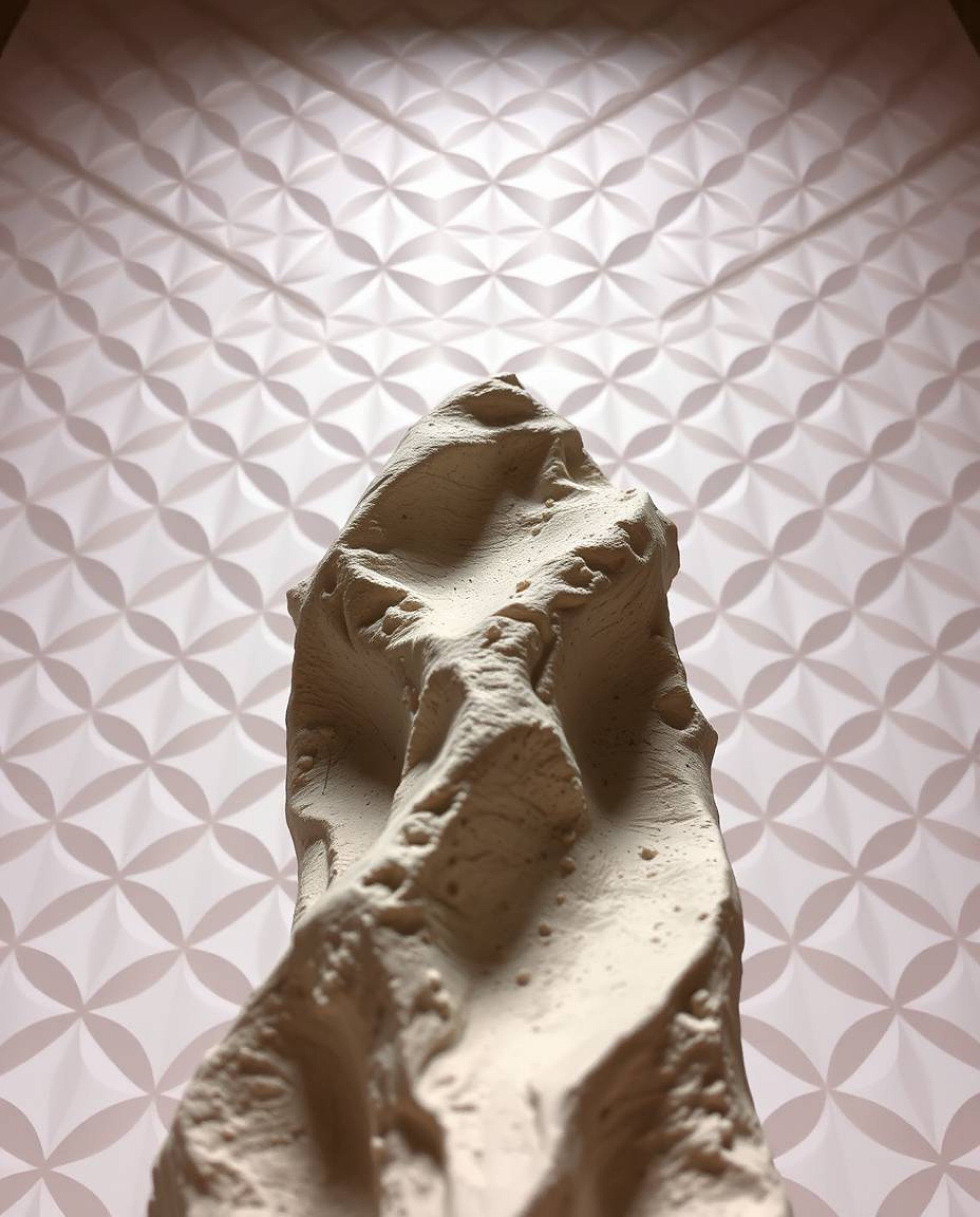 This artwork features a low-angle, dramatic sculptural clay piece with textured, modeled shapes, inviting the viewer to look