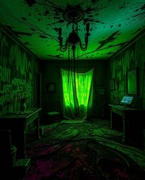 An eerie and creepy atmosphere fills a room exploding with vibrant paint, illuminated by bioluminescent colors. The scene is 
