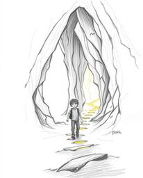 A hand-drawn sketch of epic scale depicting a child following glowing footsteps into a mysterious cave. The artwork features 