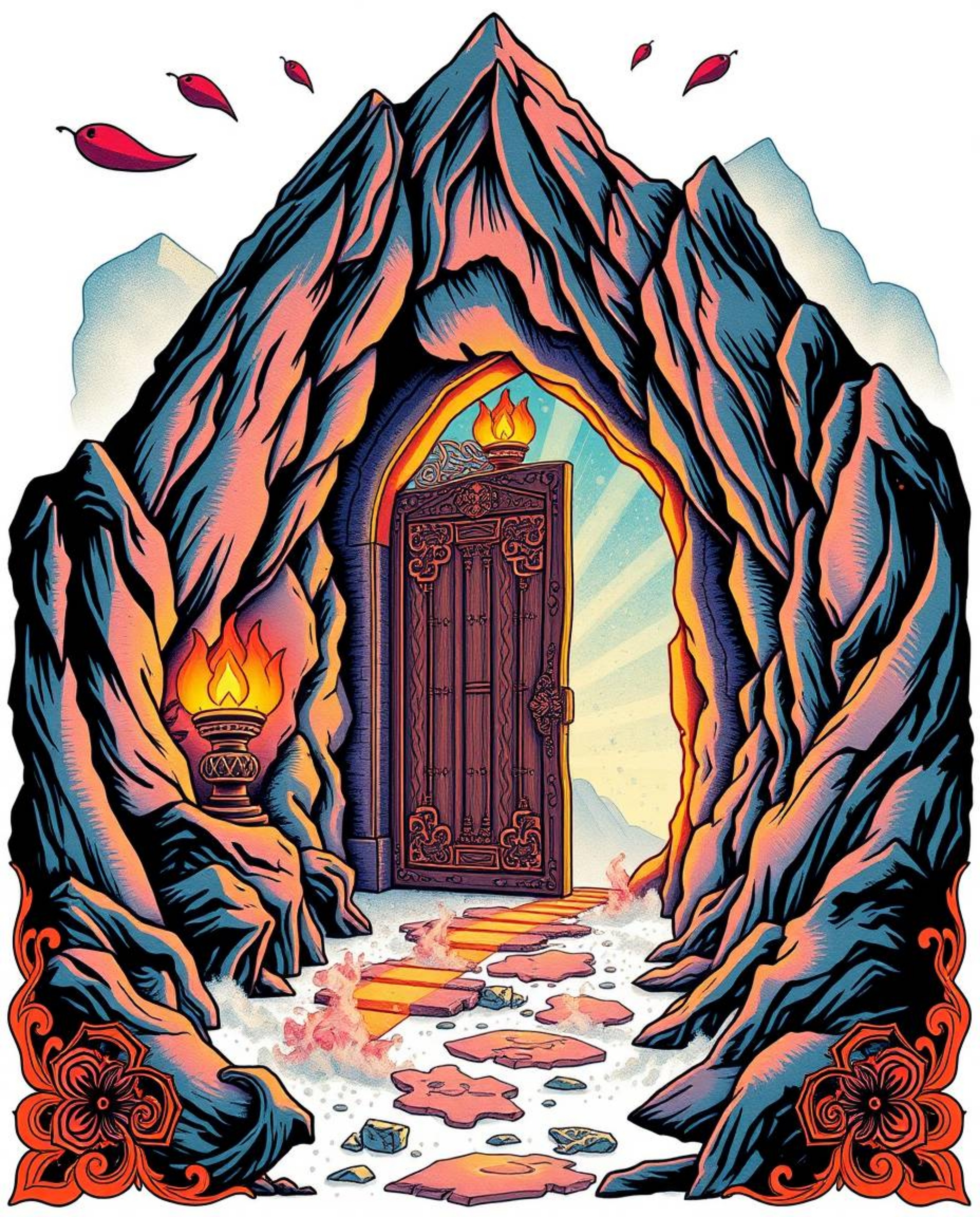 A captivating traditional tattoo-style print showcases an ancient doorway, radiant with glowing runes, nestled within a majes