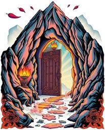 A captivating traditional tattoo-style print showcases an ancient doorway, radiant with glowing runes, nestled within a majes