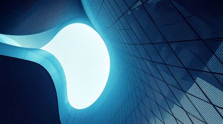 This image showcases precise architectural photography of an abstract poster design.  The wide-angle shot highlights a sharp,