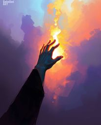A captivating digital sketch showcases a hand reaching towards a light source emerging from darkness.  The painterly style, e