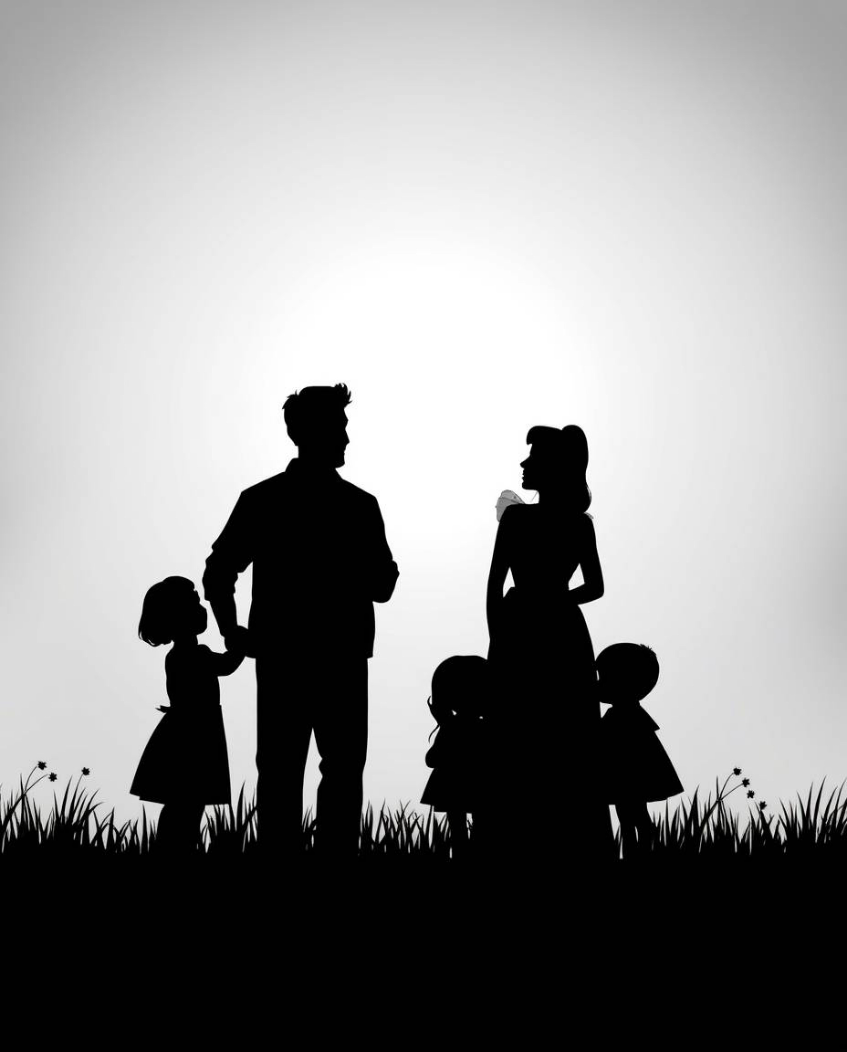 Experience a timeless and elegant family reunion captured in a stunning black and white Pixar-style silhouette, bathed in a b