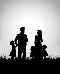 Experience a timeless and elegant family reunion captured in a stunning black and white Pixar-style silhouette, bathed in a b