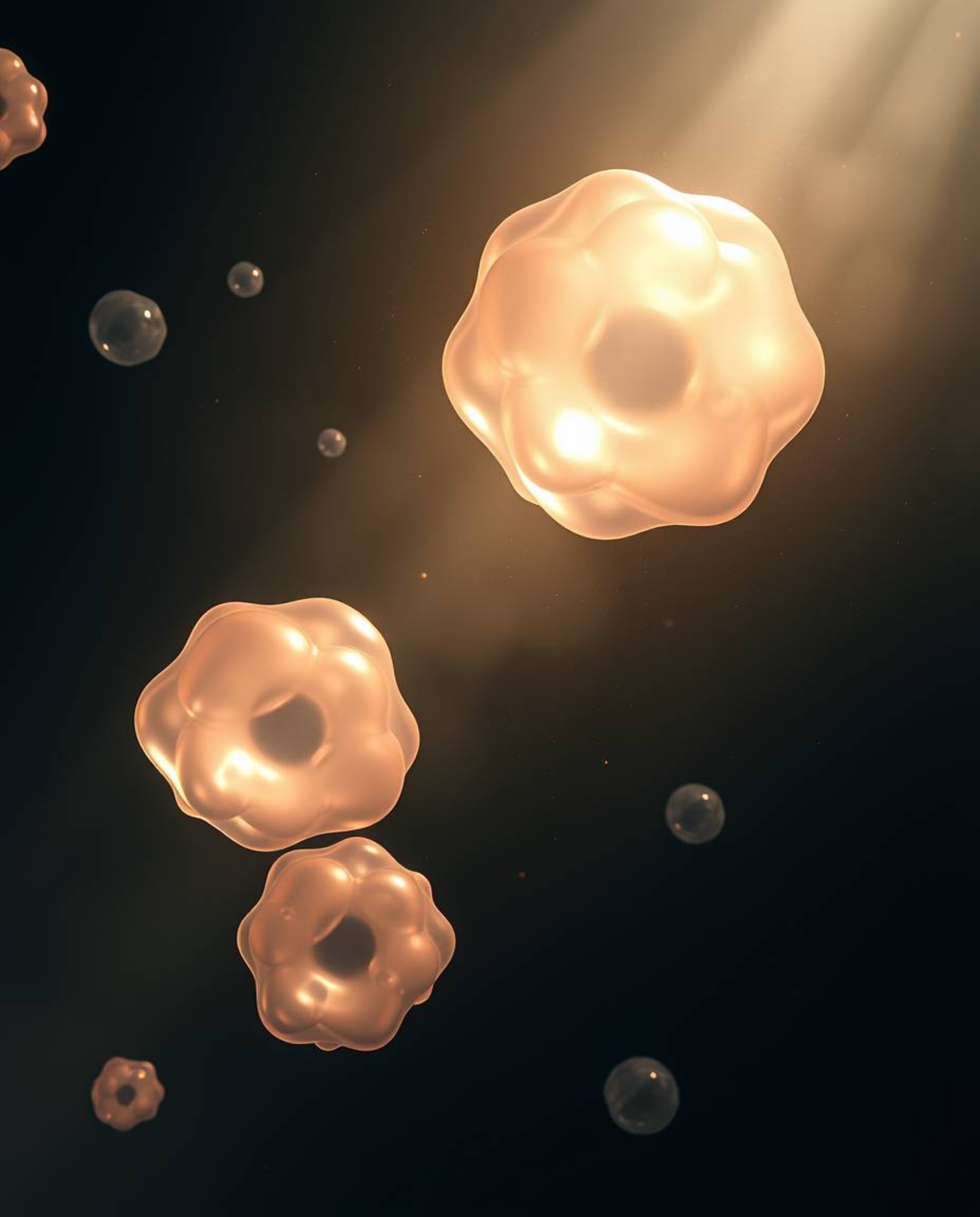 This stunning 3D render presents an overhead view of translucent, fluid organic blobs gracefully floating in the vastness of 