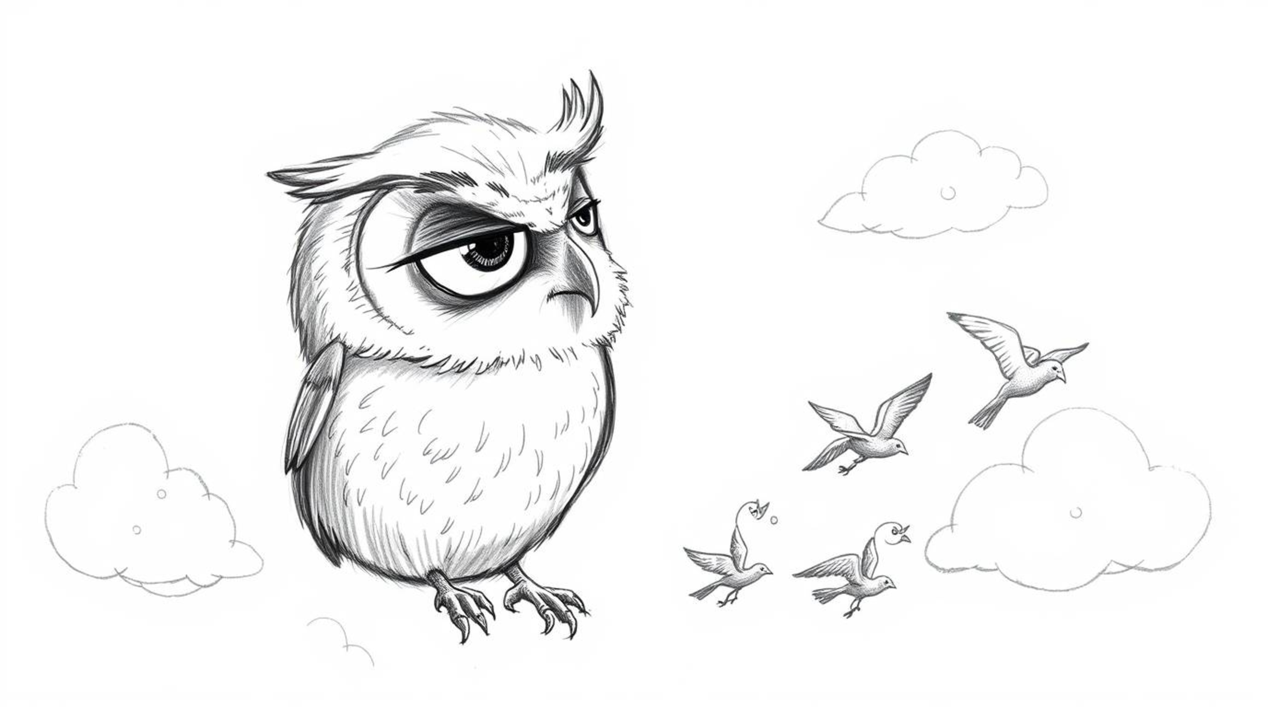 A heartwarming hand-drawn sketch in Pixar style depicts a blind owl with expressive eyes guiding small birds in their first f