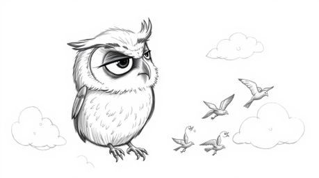A heartwarming hand-drawn sketch in Pixar style depicts a blind owl with expressive eyes guiding small birds in their first f