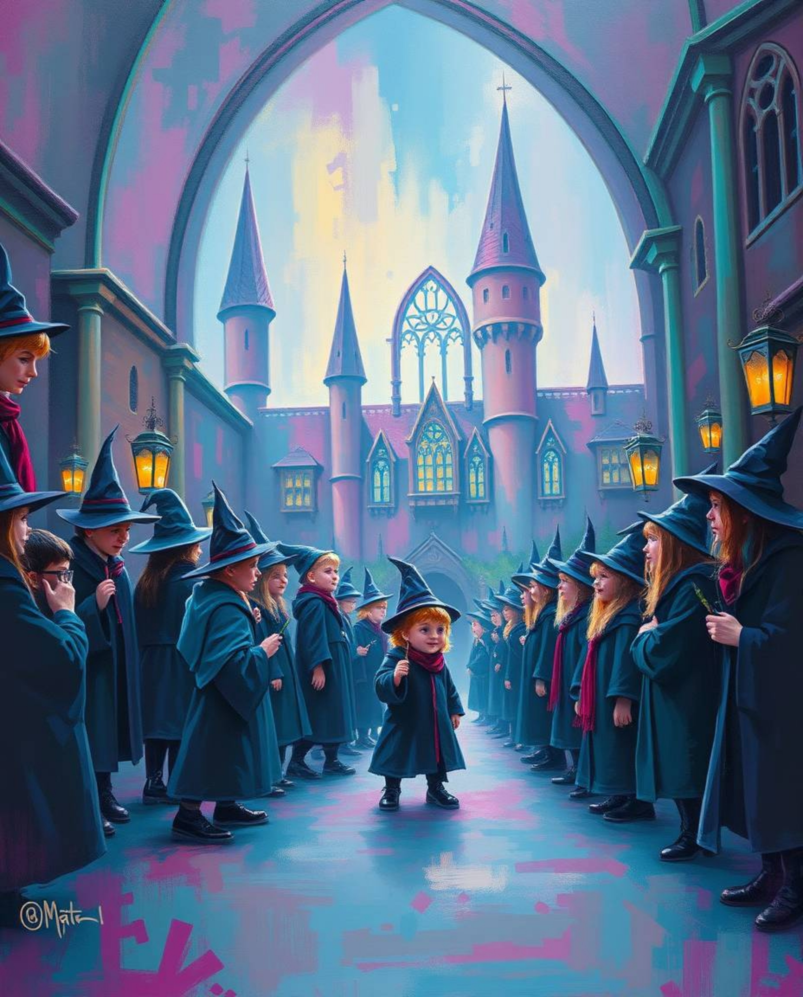 This bold acrylic painting depicts a magical school teeming with young wizards, bathed in a soft cinematic haze and rich, dee