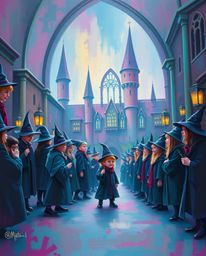 This bold acrylic painting depicts a magical school teeming with young wizards, bathed in a soft cinematic haze and rich, dee