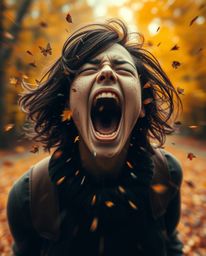 A captivating digital artwork depicts a person screaming as their world fractures into vibrant autumn-colored pixels.  Blurre