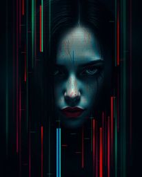 A captivating digital glitch art portrait, rendered in a pixelated style with dark tones and unsettling details.  Light strea