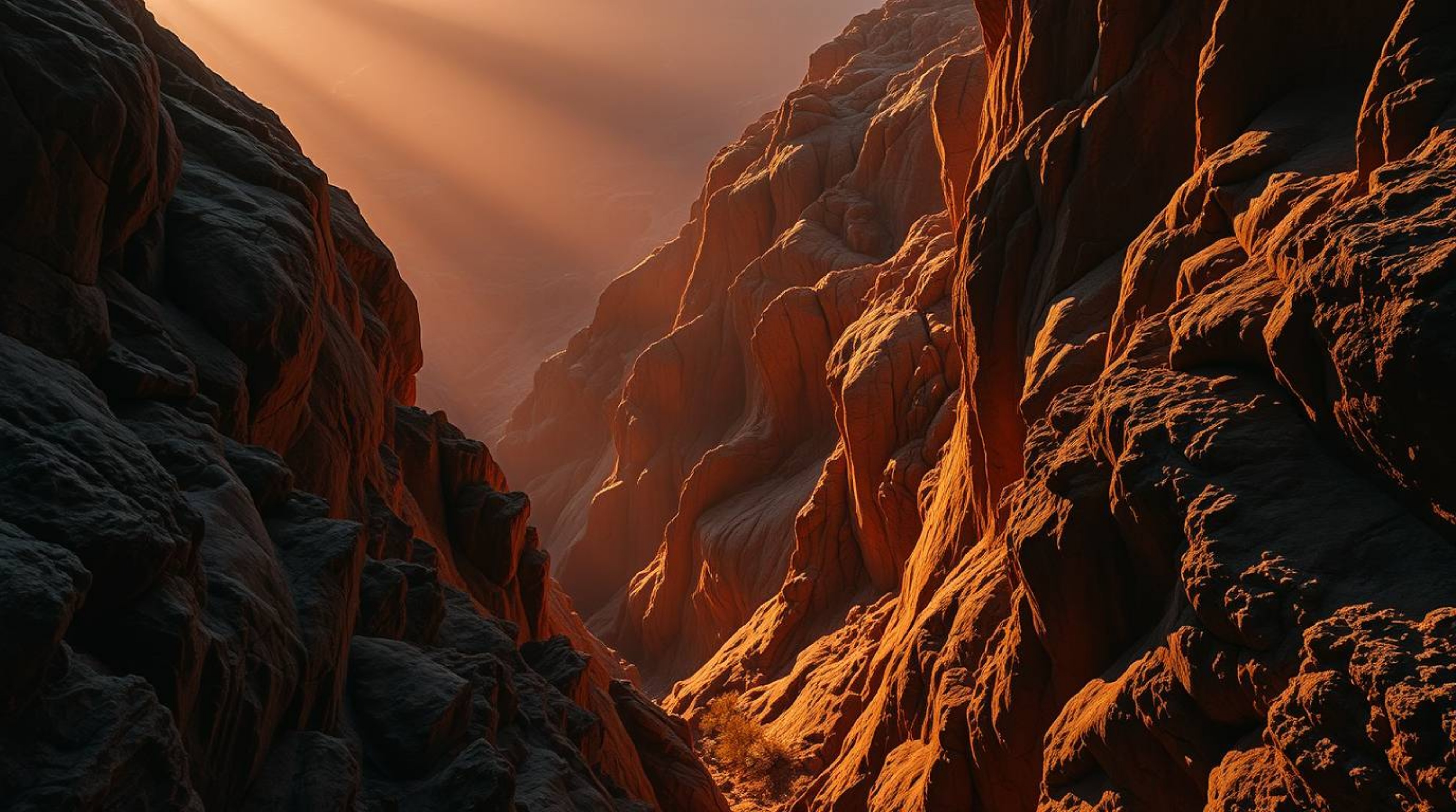 Experience the raw beauty of a rocky canyon bathed in the warm, inviting colors of the sunset.  Deep black shadows dance with