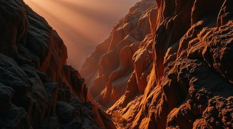 Experience the raw beauty of a rocky canyon bathed in the warm, inviting colors of the sunset.  Deep black shadows dance with