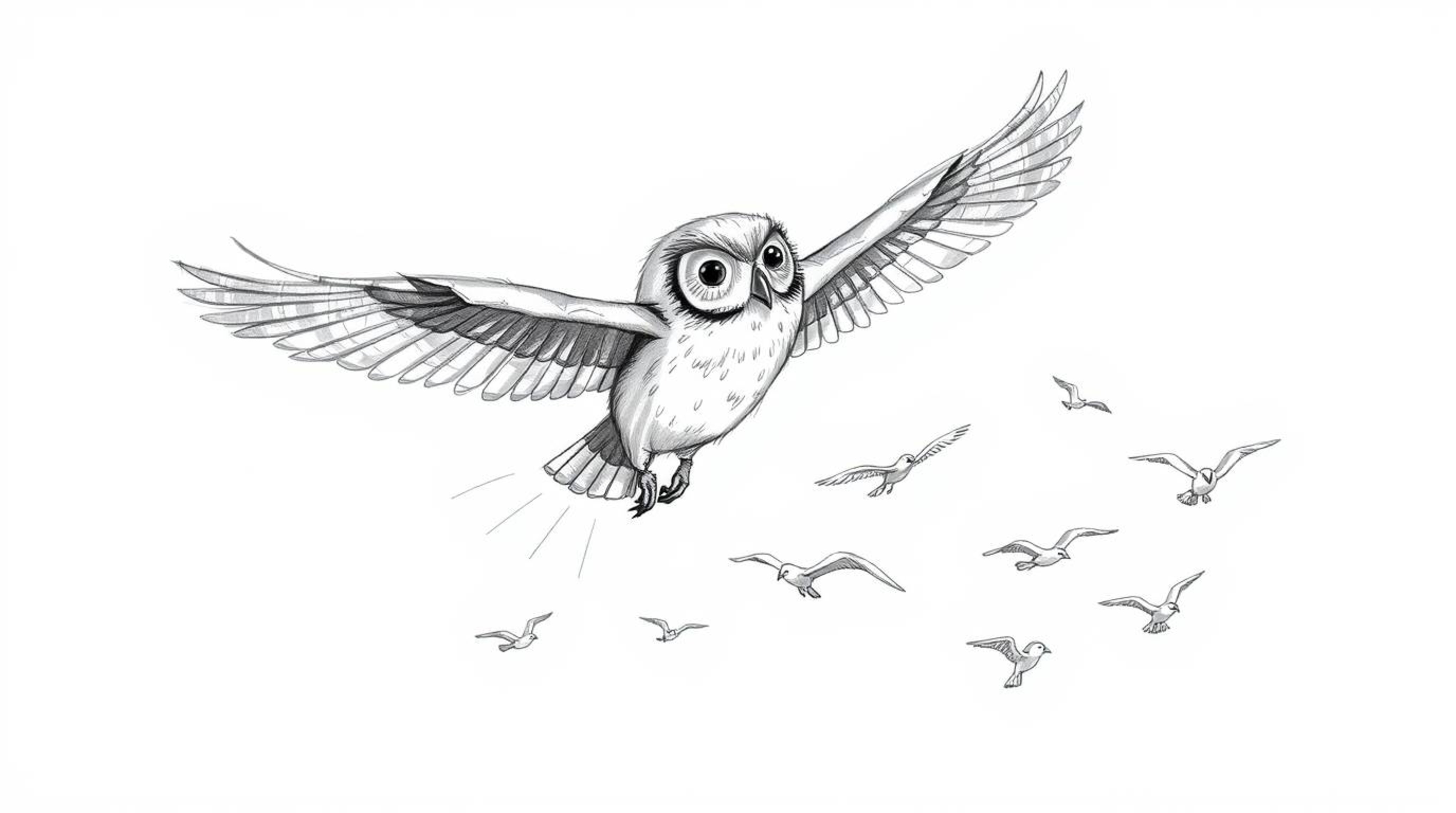 A charming hand-drawn sketch, imagined in the iconic Pixar style, showcases a blind owl mid-flight. Despite its lack of sight