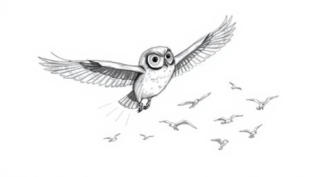 A charming hand-drawn sketch, imagined in the iconic Pixar style, showcases a blind owl mid-flight. Despite its lack of sight