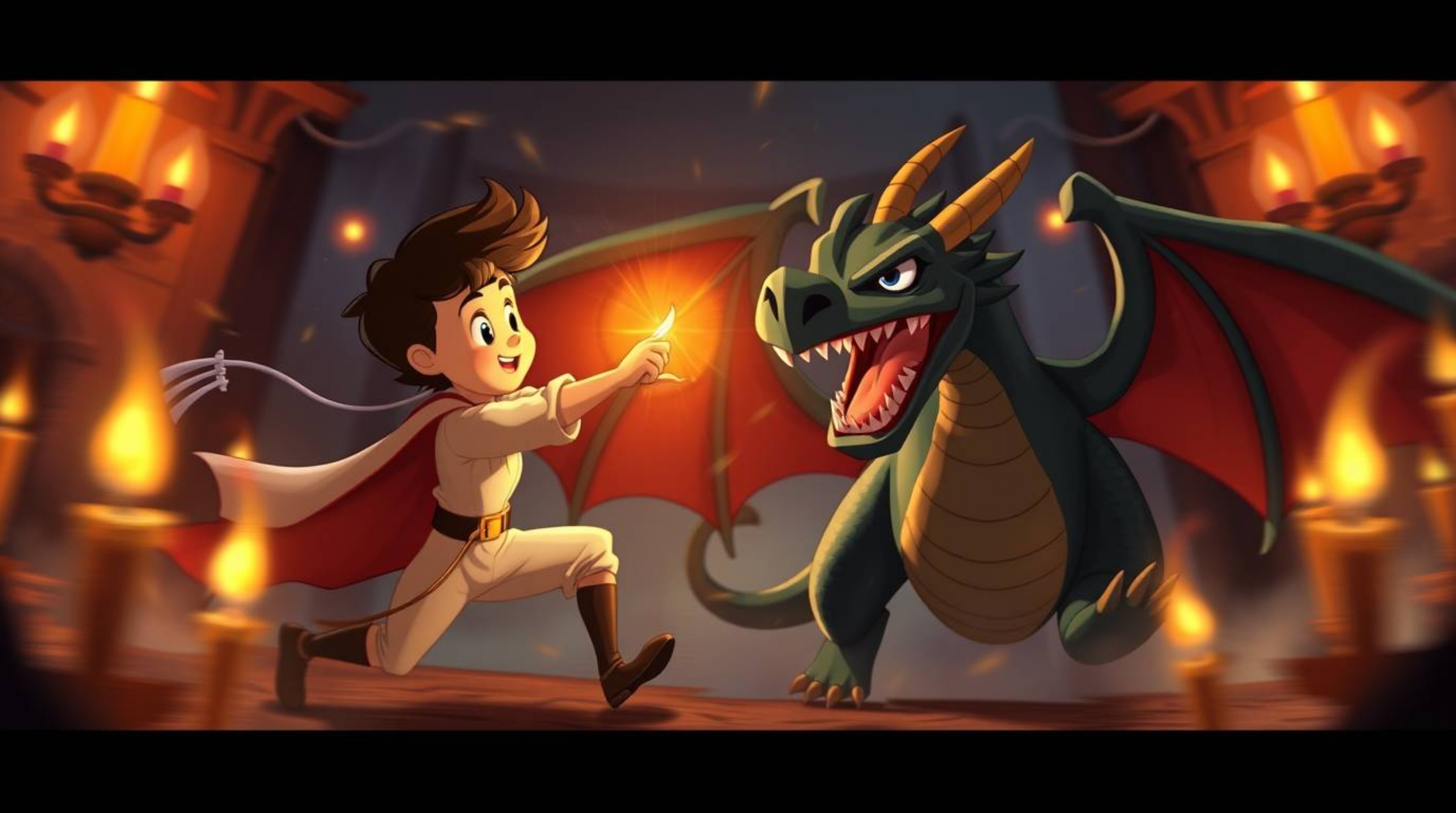 Witness a thrilling scene of a charming prince battling a fearsome dragon in this dynamic 1950s animation style artwork. The