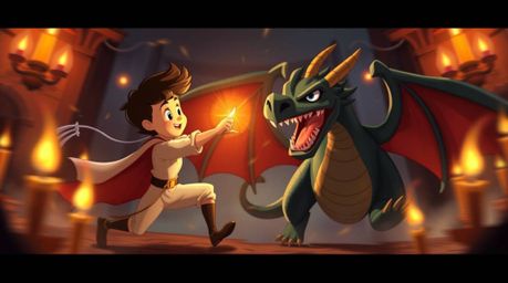 Witness a thrilling scene of a charming prince battling a fearsome dragon in this dynamic 1950s animation style artwork. The