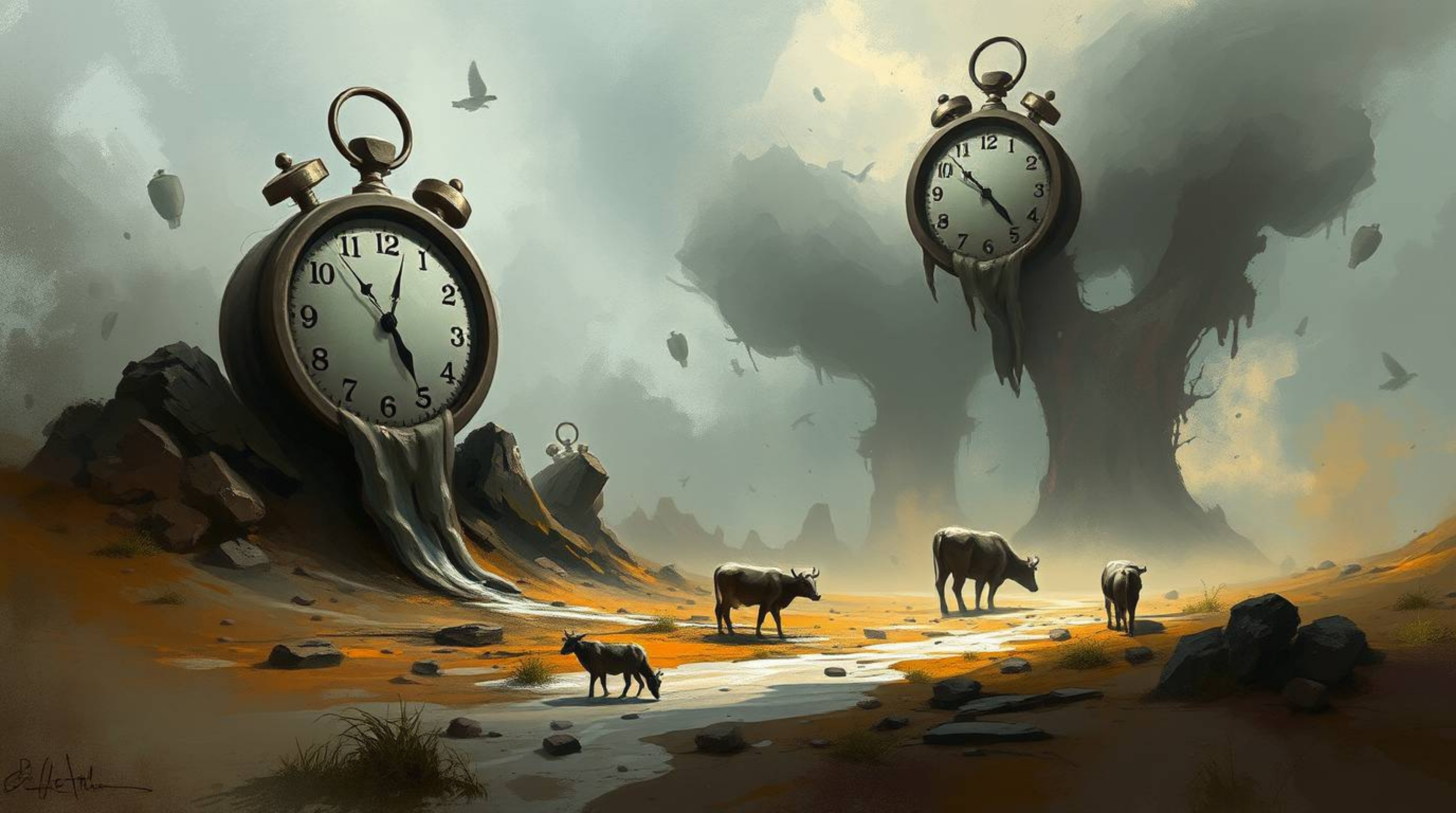 A captivating digital painting depicts a surreal dreamscape featuring melting clocks and floating cows.  The artwork showcase